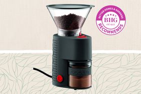 One of the best Coffee Grinders on a tan patterned background with a BHG Recommends badge.