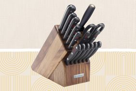 Wüsthof Gourmet 16-Piece Acacia Knife Block Set collaged against a linen and yellow patterned background 