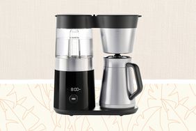 Collage of the OXO Brew 9-Cup Coffee Maker on a tan background