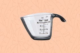 Mainstays ¼ Cup Measuring Cup collaged against peach floral background 