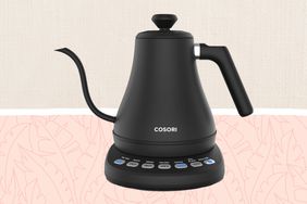  collage of COSORI Electric Gooseneck Kettle on a colorful background