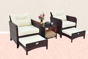 Pamapic Five-Piece Wicker Patio Set collaged against a pink floral and linen background 