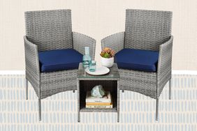 Collage of Best Choice Products Three-Piece Outdoor Wicker Conversation Bistro Set on a tan background