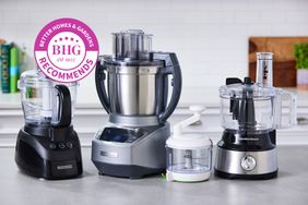 Several food processors we recommend displayed on a counter