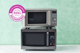 Best microwaves in stack against green backdrop with BHG recommends sticker